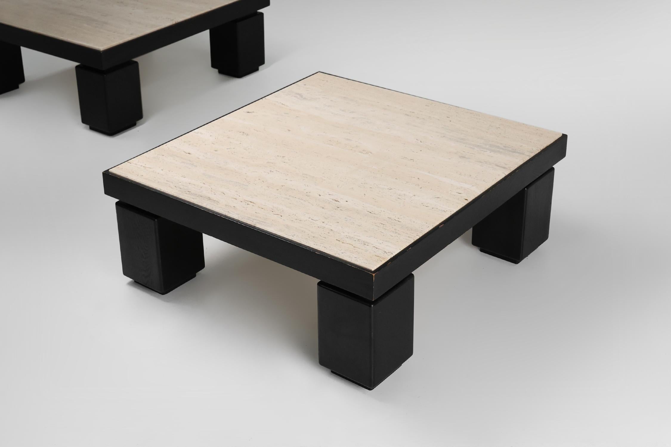 Belgian Set of 2 mid-century coffee tables in oak with travertine top For Sale