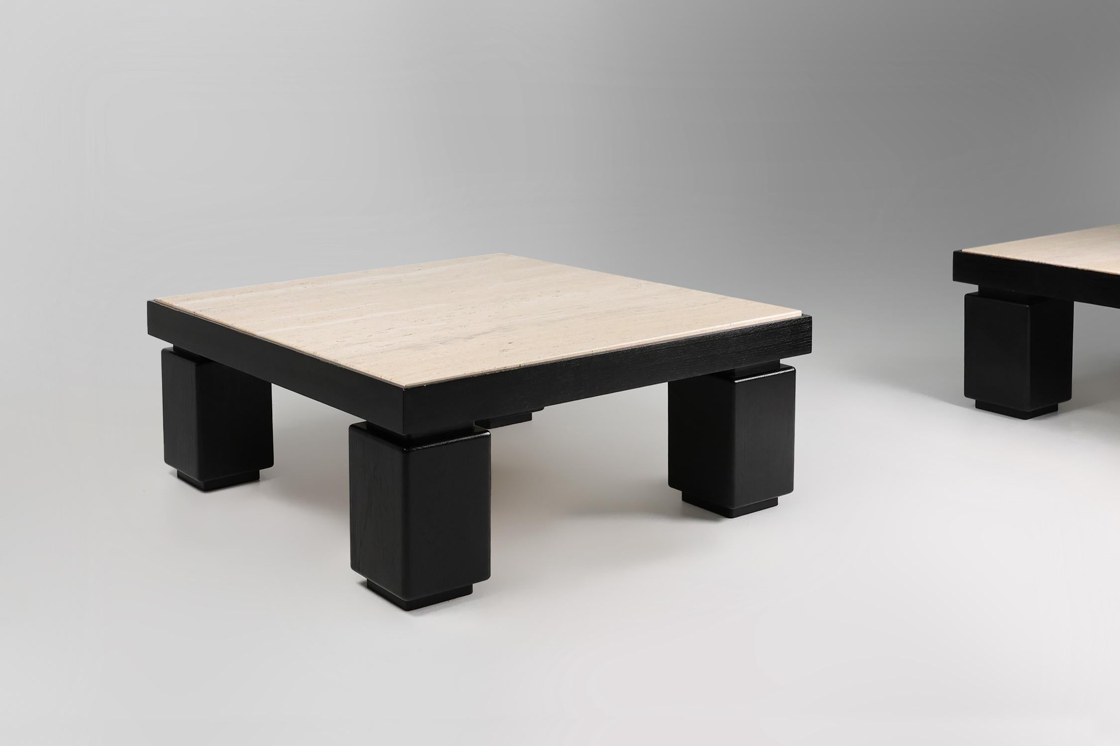 Lacquered Set of 2 mid-century coffee tables in oak with travertine top For Sale