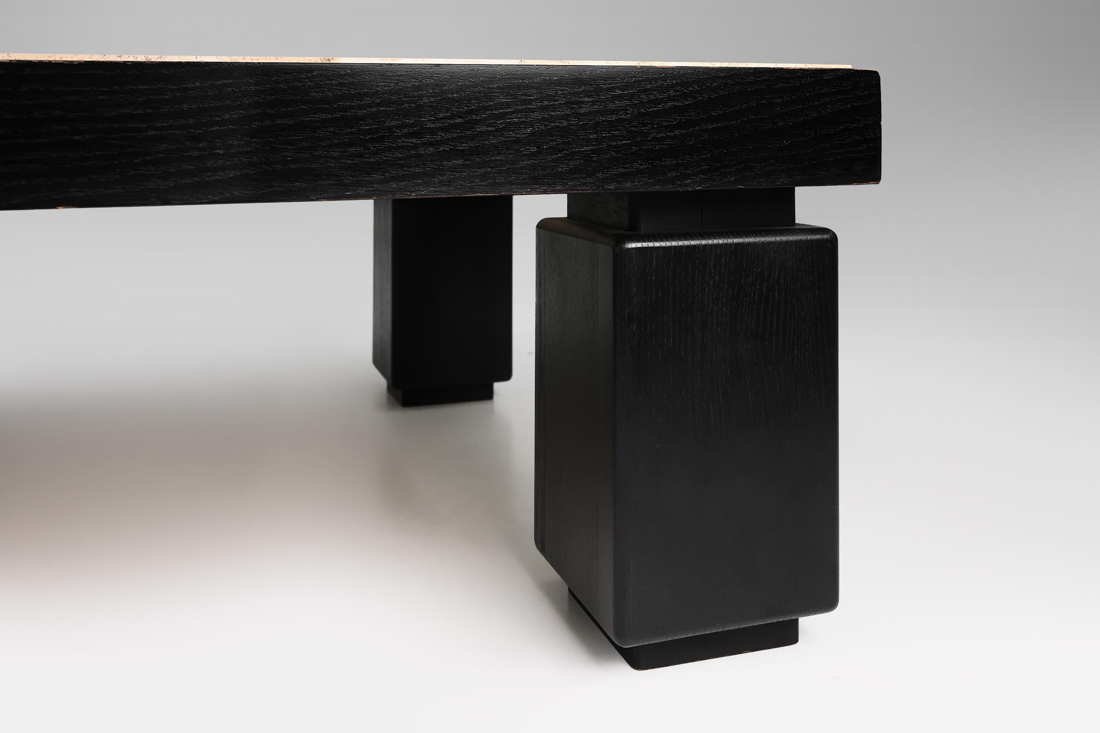 Travertine Set of 2 mid-century coffee tables in oak with travertine top For Sale
