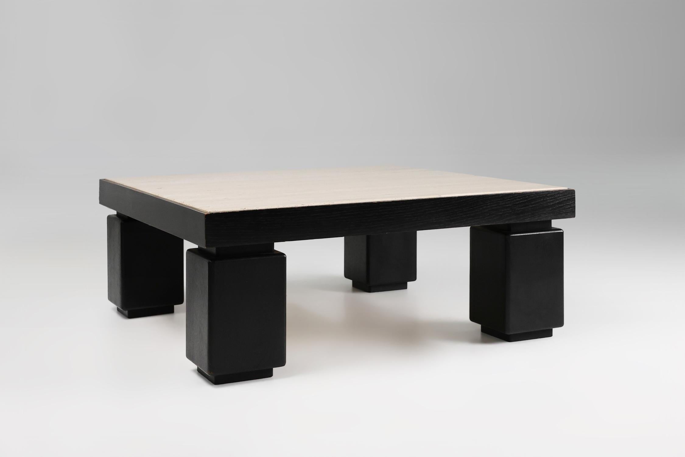 Set of 2 mid-century coffee tables in oak with travertine top For Sale 1