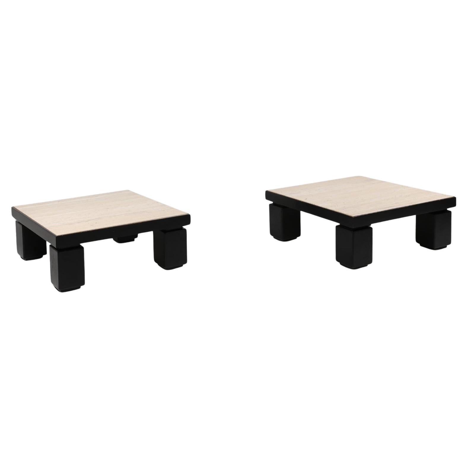 Set of 2 mid-century coffee tables in oak with travertine top For Sale