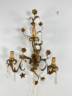 Set of 2 Mid-Century French Wrought Iron And Crystal Wall Lamps, 1950s