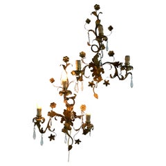 Set of 2 Mid-Century French Wrought Iron And Crystal Wall Lamps, 1950s