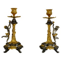 Set Of 2 Mid-Century Gold Pewter Candlesticks 1950s