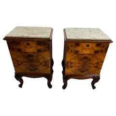 Set Of 2 Mid-Century Italian Bedside Tables in Wood and Fine Marble Top 1940s