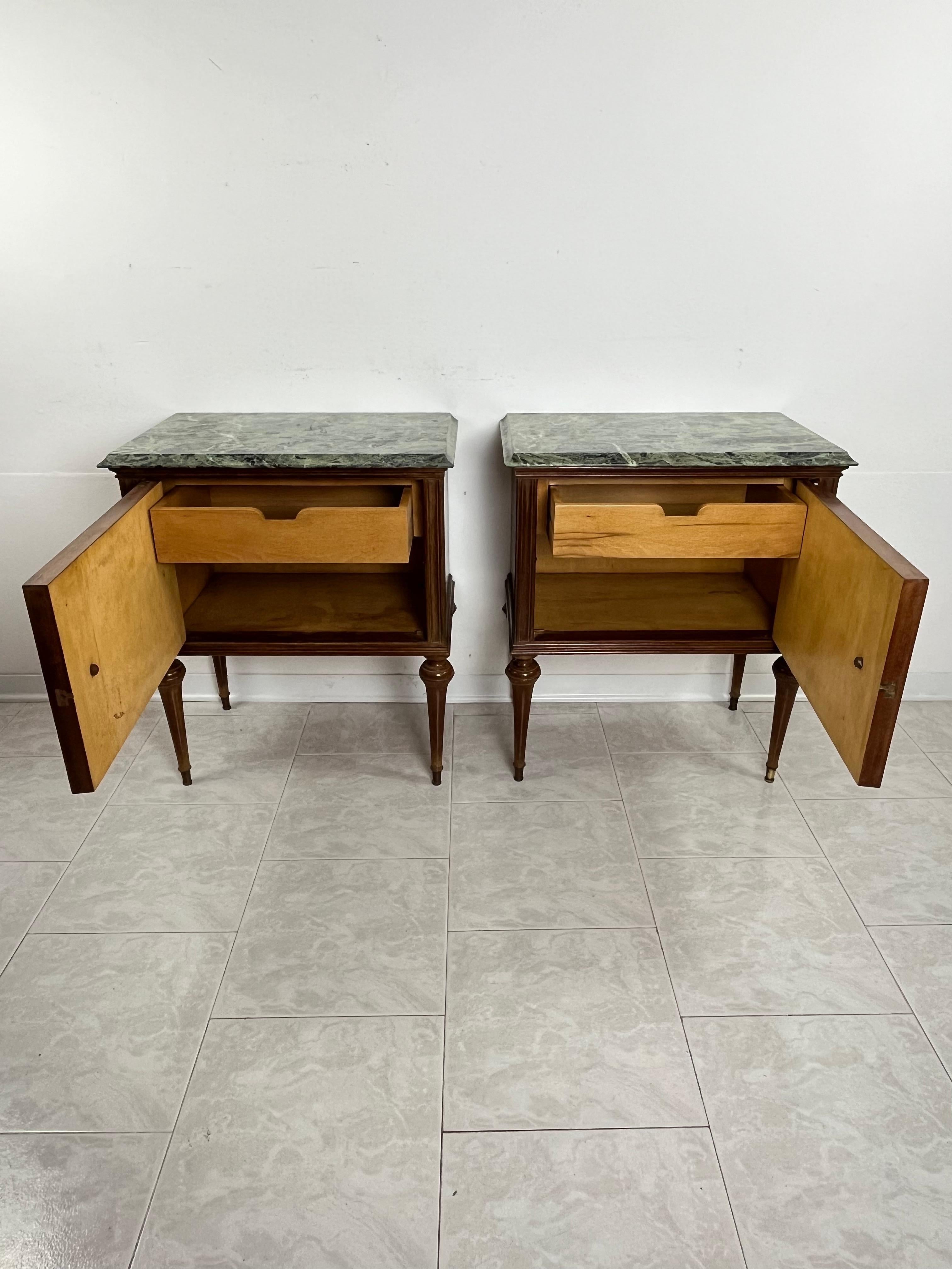 Mid-20th Century Set of 2 Mid-Century Italian Bedside Tables in wood and fine marble top 1960s For Sale
