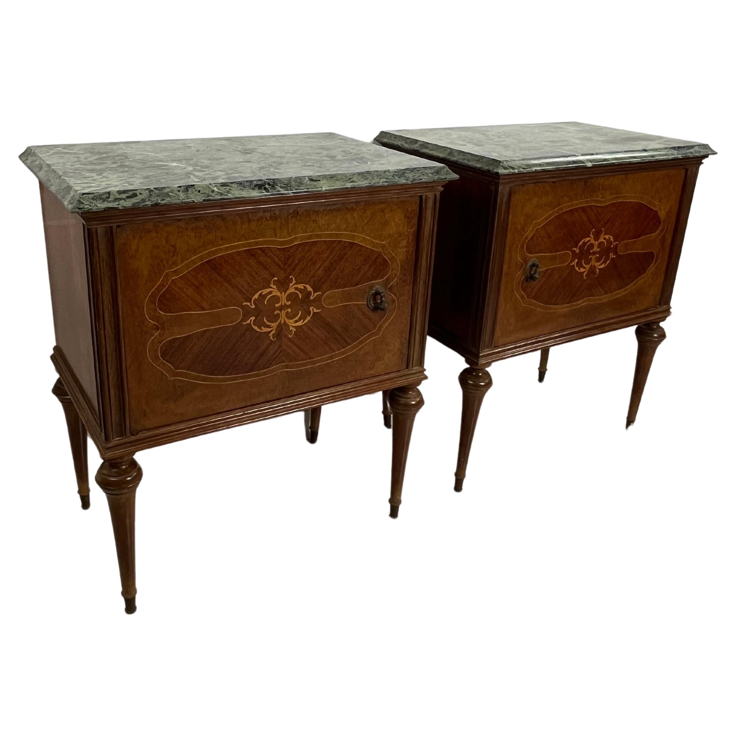 Set of 2 Mid-Century Italian Bedside Tables in wood and fine marble top 1960s For Sale
