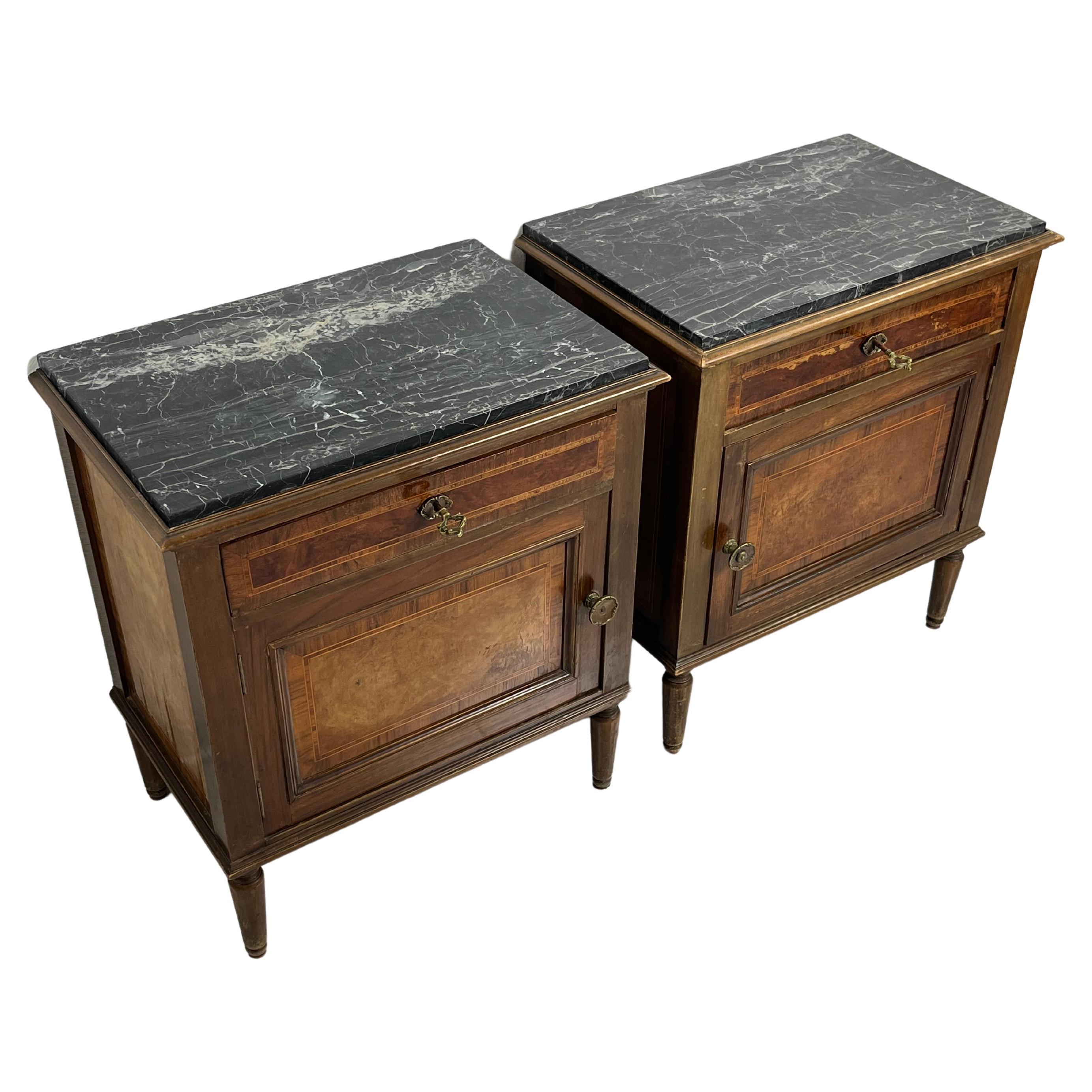 Set of 2 Mid-Century Italian Bedside Tables in Wood and Fine Marble Top 1960s For Sale