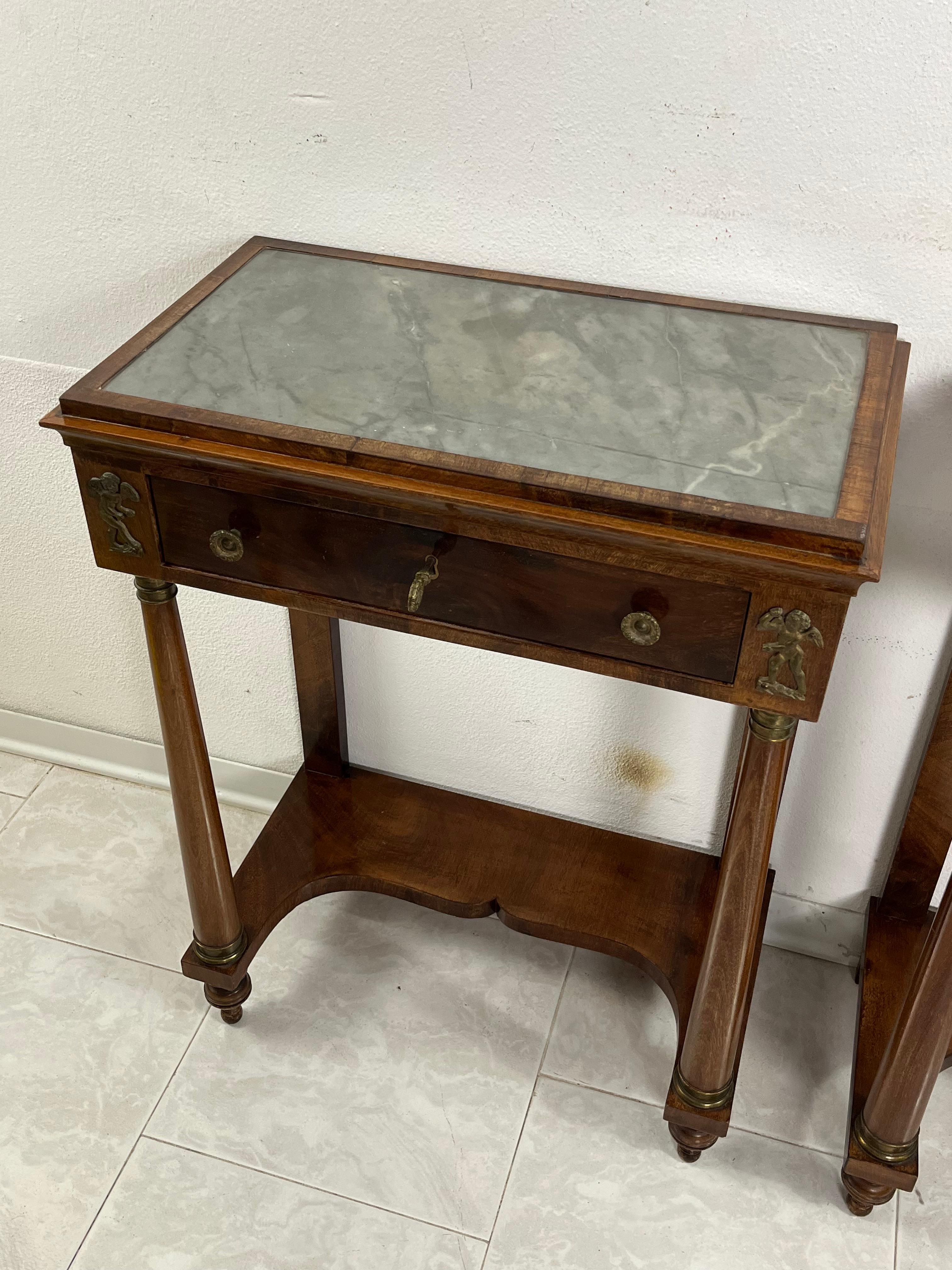 Wood Set of 2 Mid-Century Italian Marble Top Nightstands, 1940s For Sale