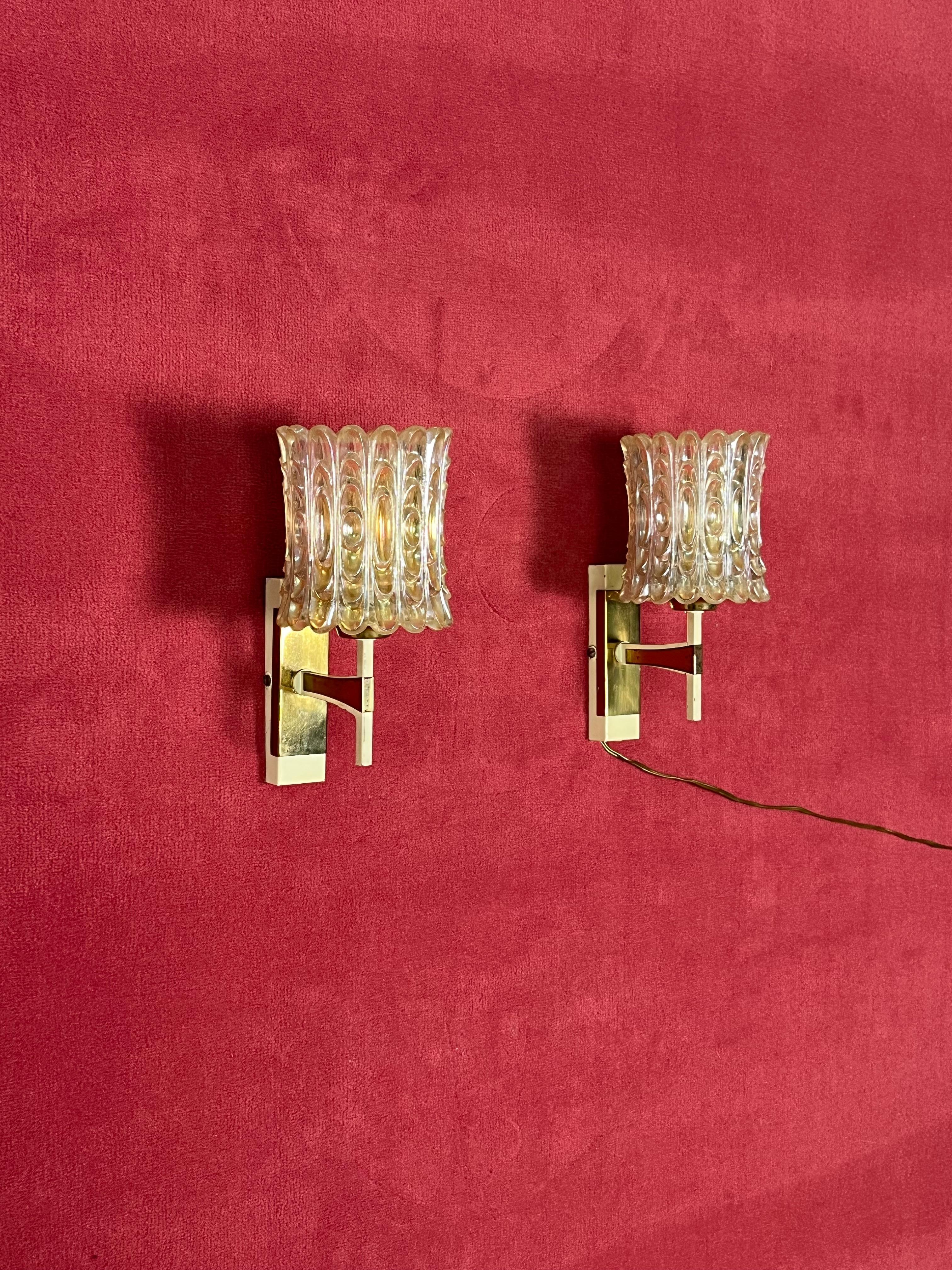 Metal Set of 2 Mid-century Italian Murano Glass Wall Lamps, 1950s For Sale