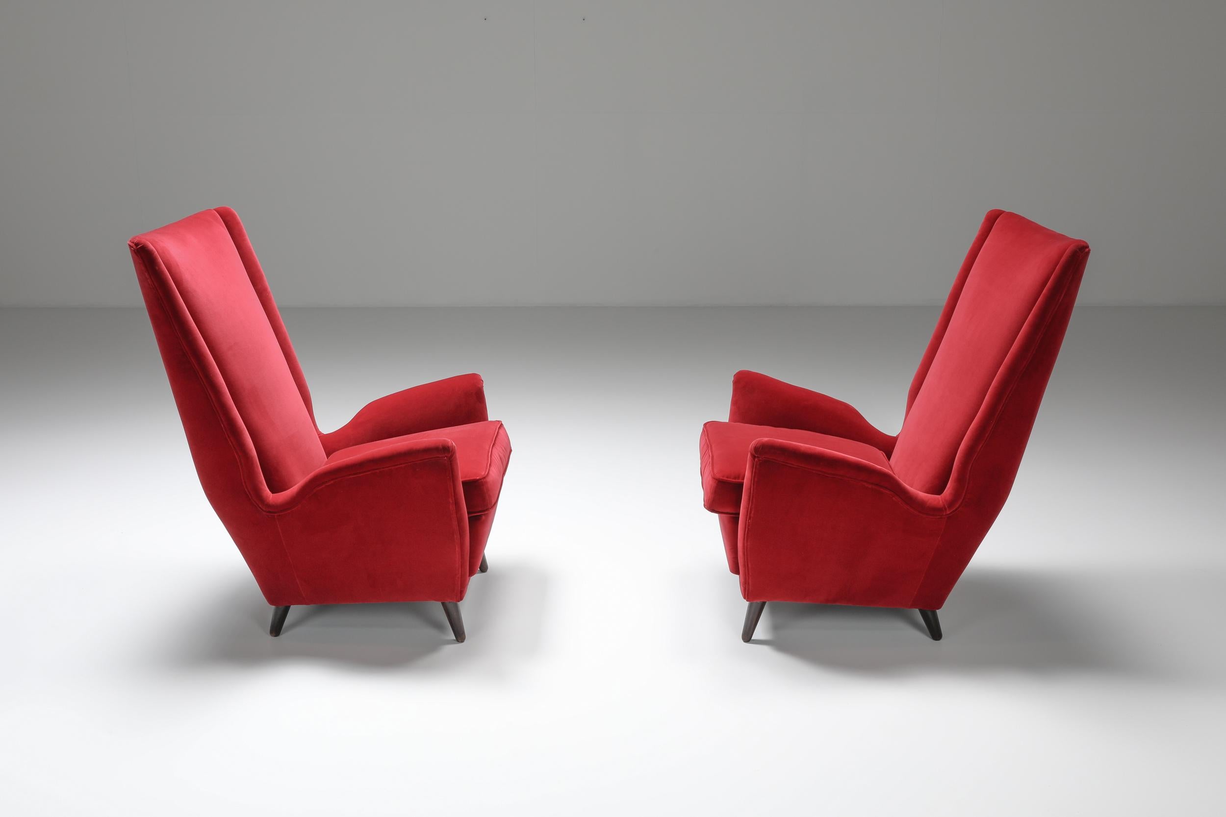 Mid-Century Modern Set of 2 Mid-Century Italian Red Armchairs by Gio Ponti, 1950s