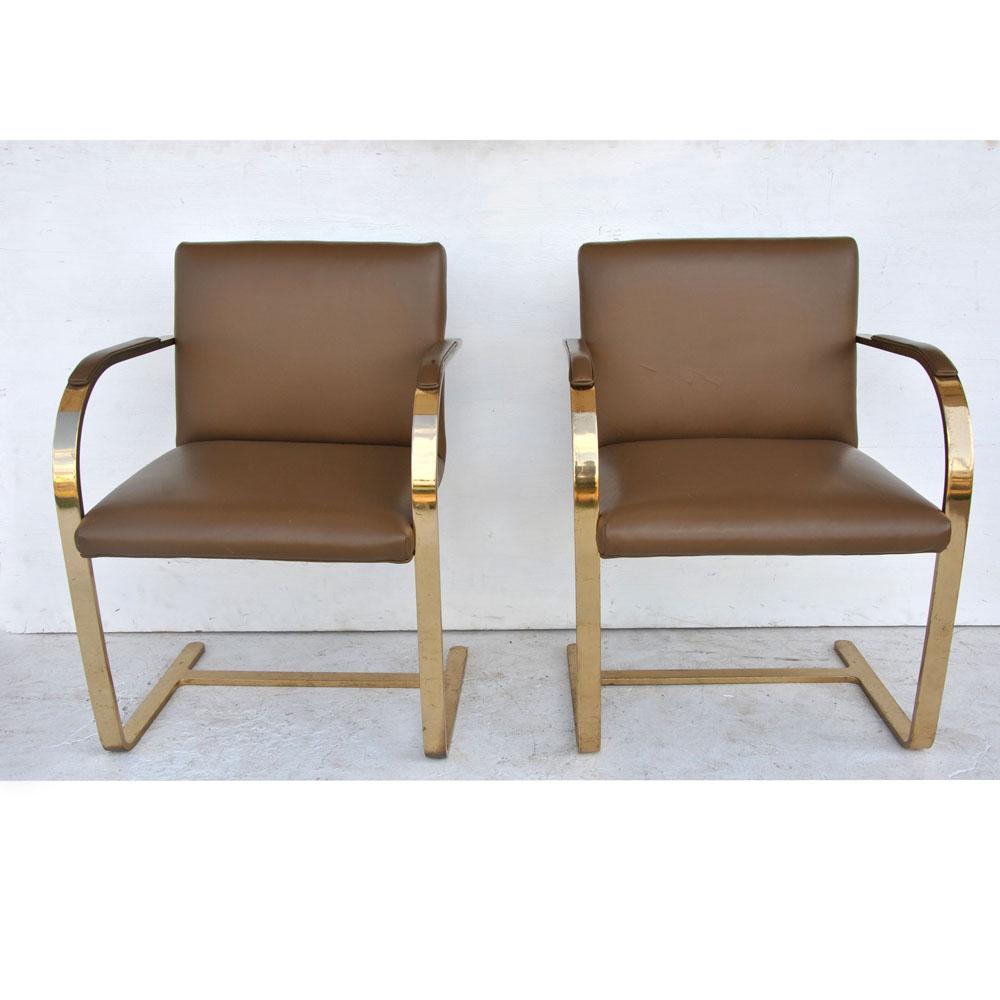 Mid-Century Modern Set of 2 Midcentury Mies van der Rohe Brno Solid Brass Flat Bar Chairs