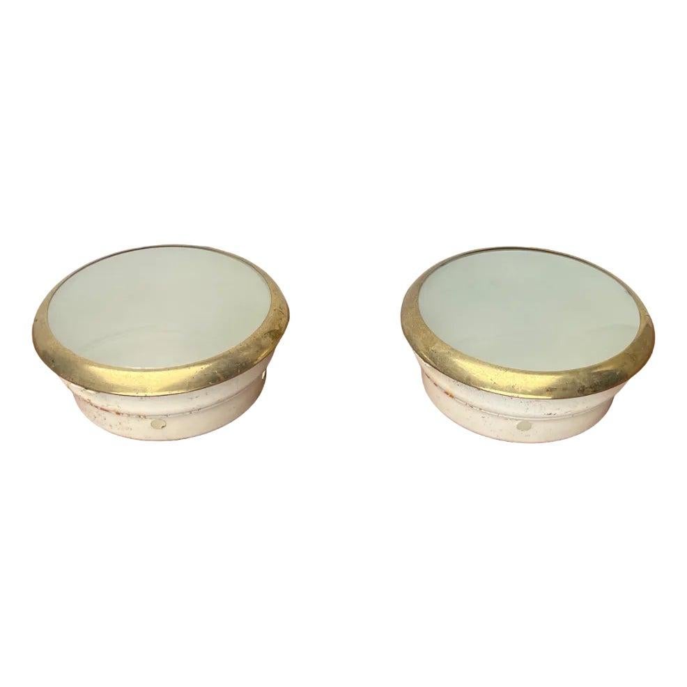 Set of 2 Mid-Century Minimalist Brass and Glass Ceiling Lamps, 1950s