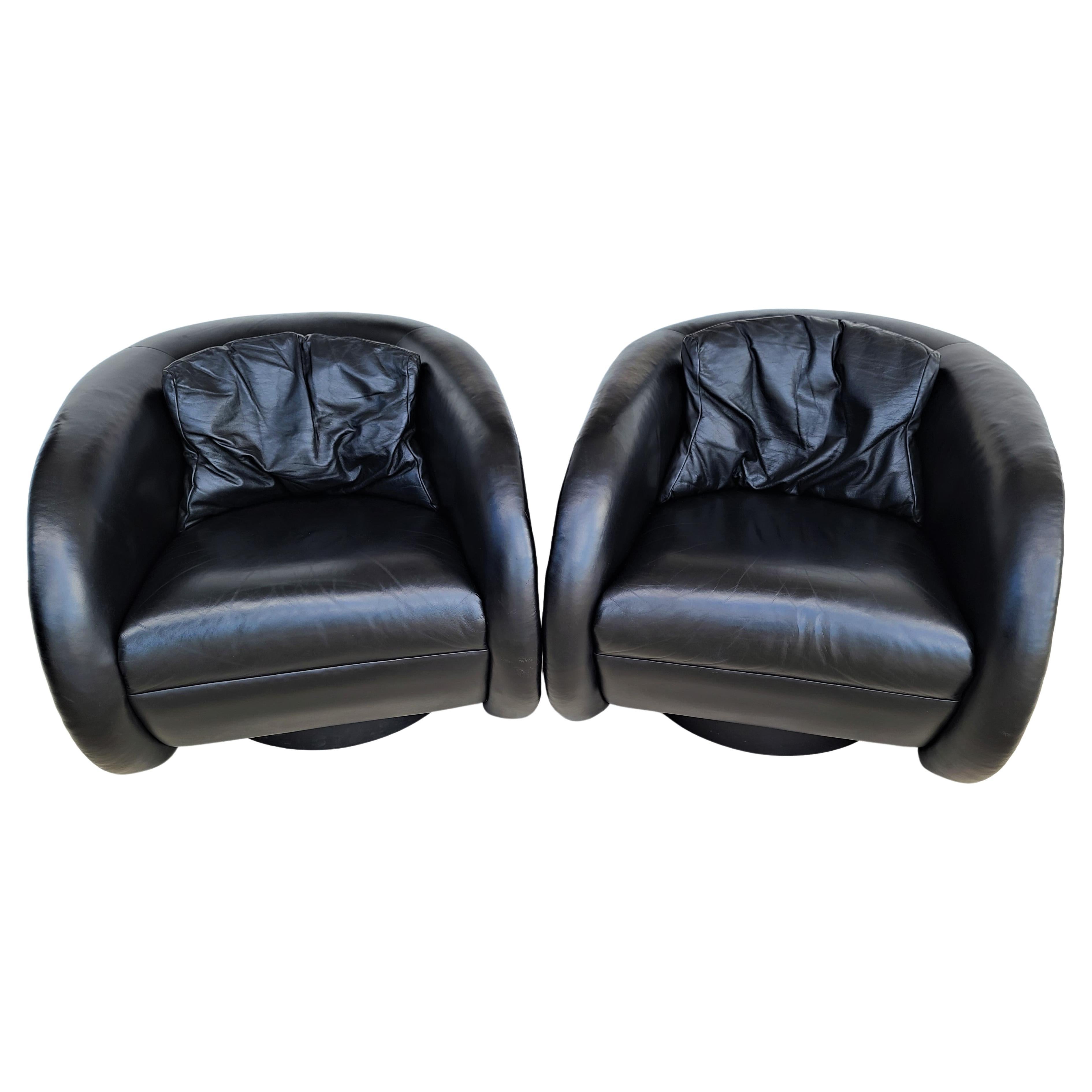 Set of 2 Mid-Century Modern Black Leather Swivel Barrel Lounge Chairs by Preview