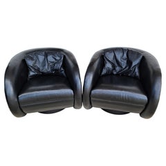 Used Set of 2 Mid-Century Modern Black Leather Swivel Barrel Lounge Chairs by Preview