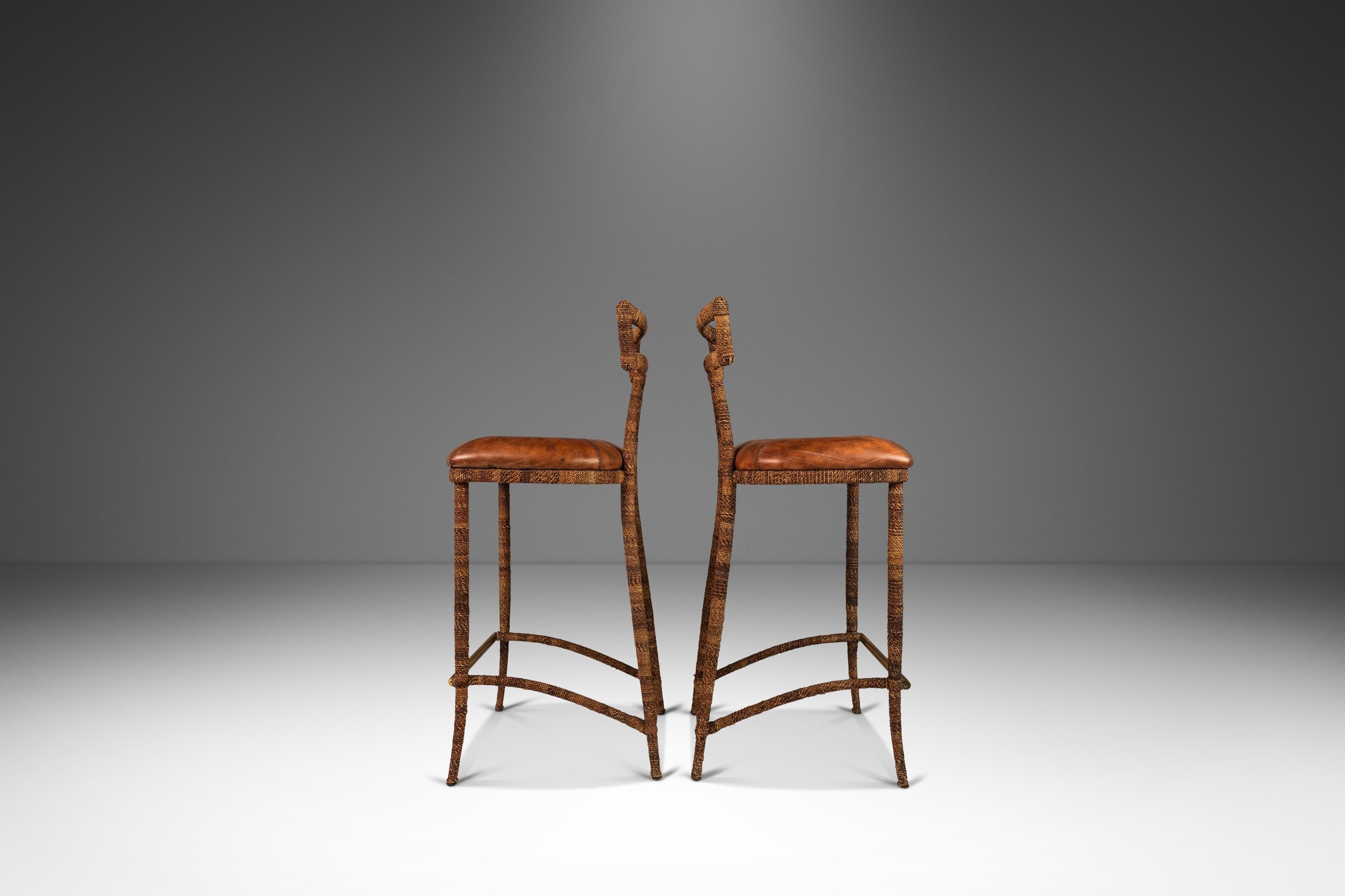 As stylish as they are grand in stature these truly one of a kind barstools are the embodiment of Exotic Luxury. With seats made from thick-cut genuine leather, elegantly sculpted frames made of solid brass and intricately wrapped in worn fishing