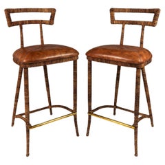 Vintage Set of 2 Mid-Century Modern Campaign Bar Stools by Maitland-Smith, c. 1980s