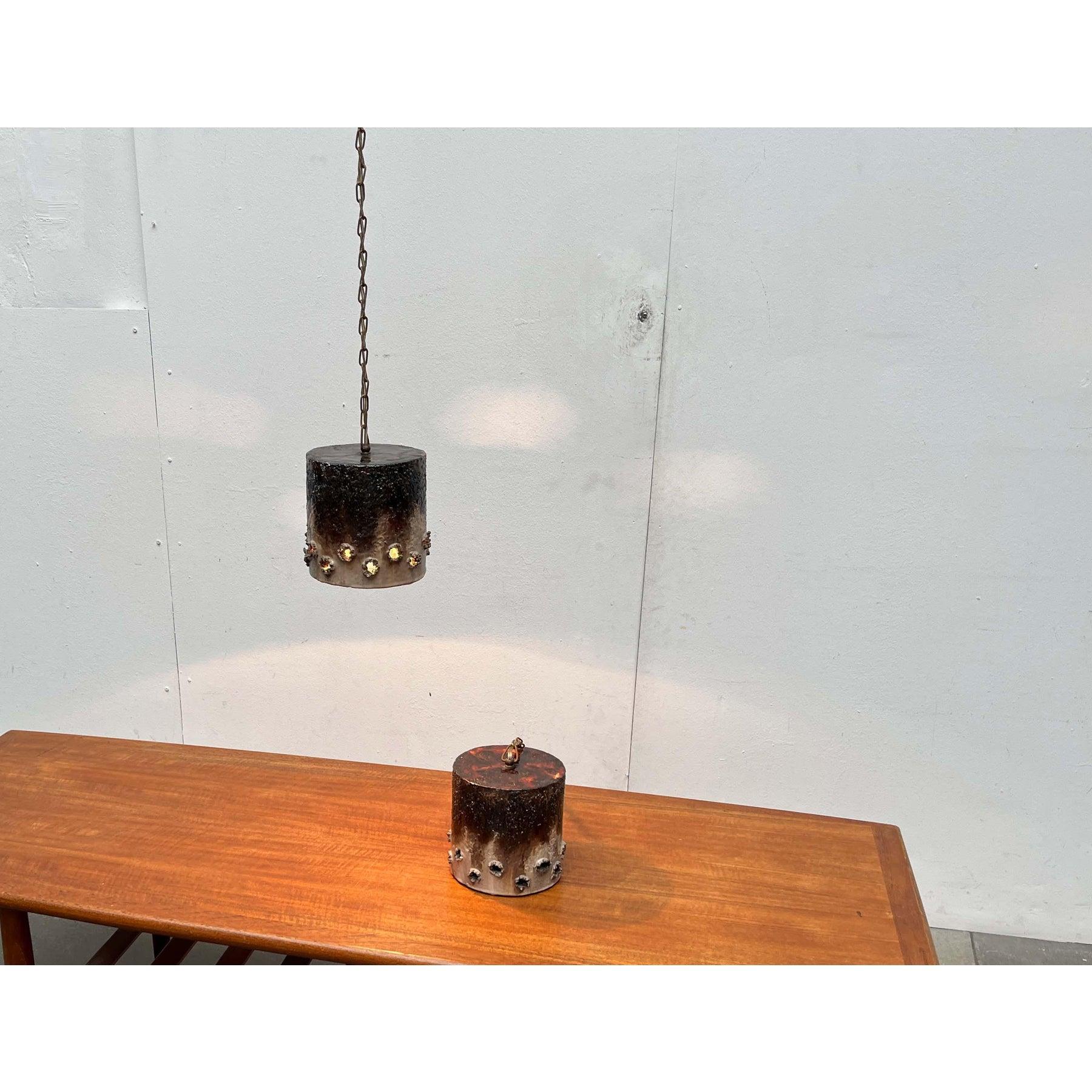 Set of 2 Mid-Century Modern Danish Brutalist Studio Pottery Pendant Lamps, 1960s For Sale 2