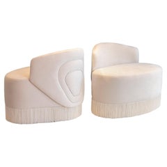 Set of 2 Mid-Century Modern Doris Armchair Dedar Velvet Tricotine Fringes