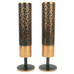 Vintage set of 2 mid century modern footed copper VASES brutalist minimalist design 1960