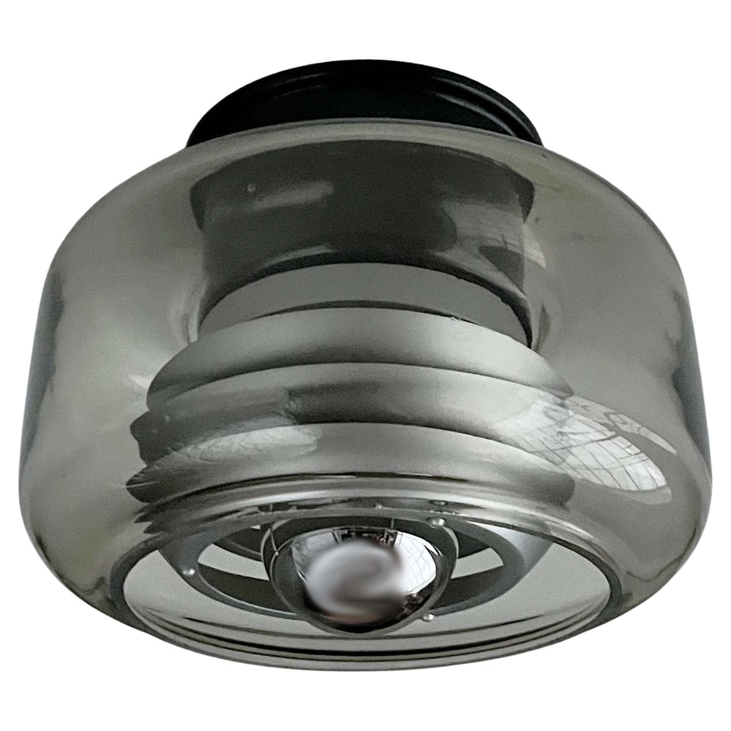 Set of 2 Mid-Century Modern German Space Age Lamellar Metal and Smoke Glass Flus