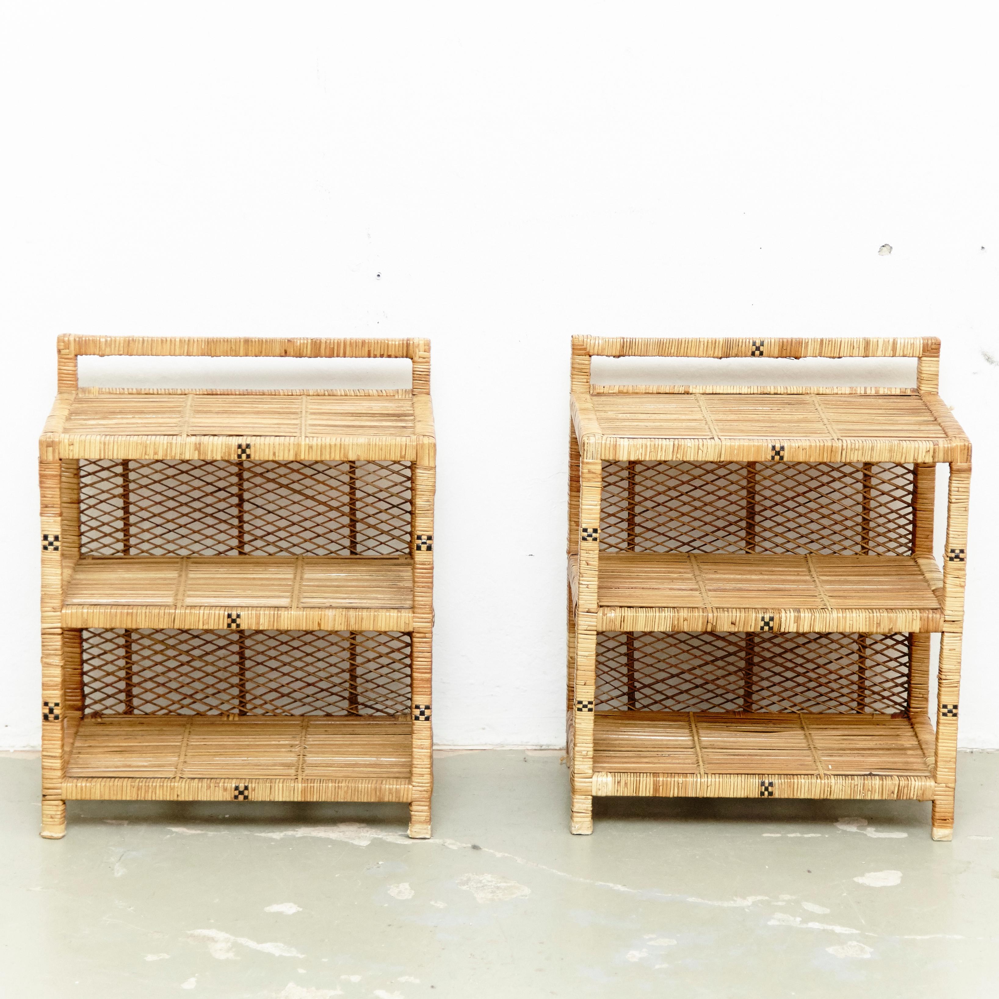 Spanish Set of 2 Mid-Century Modern Rattan Side Tables, circa 1960