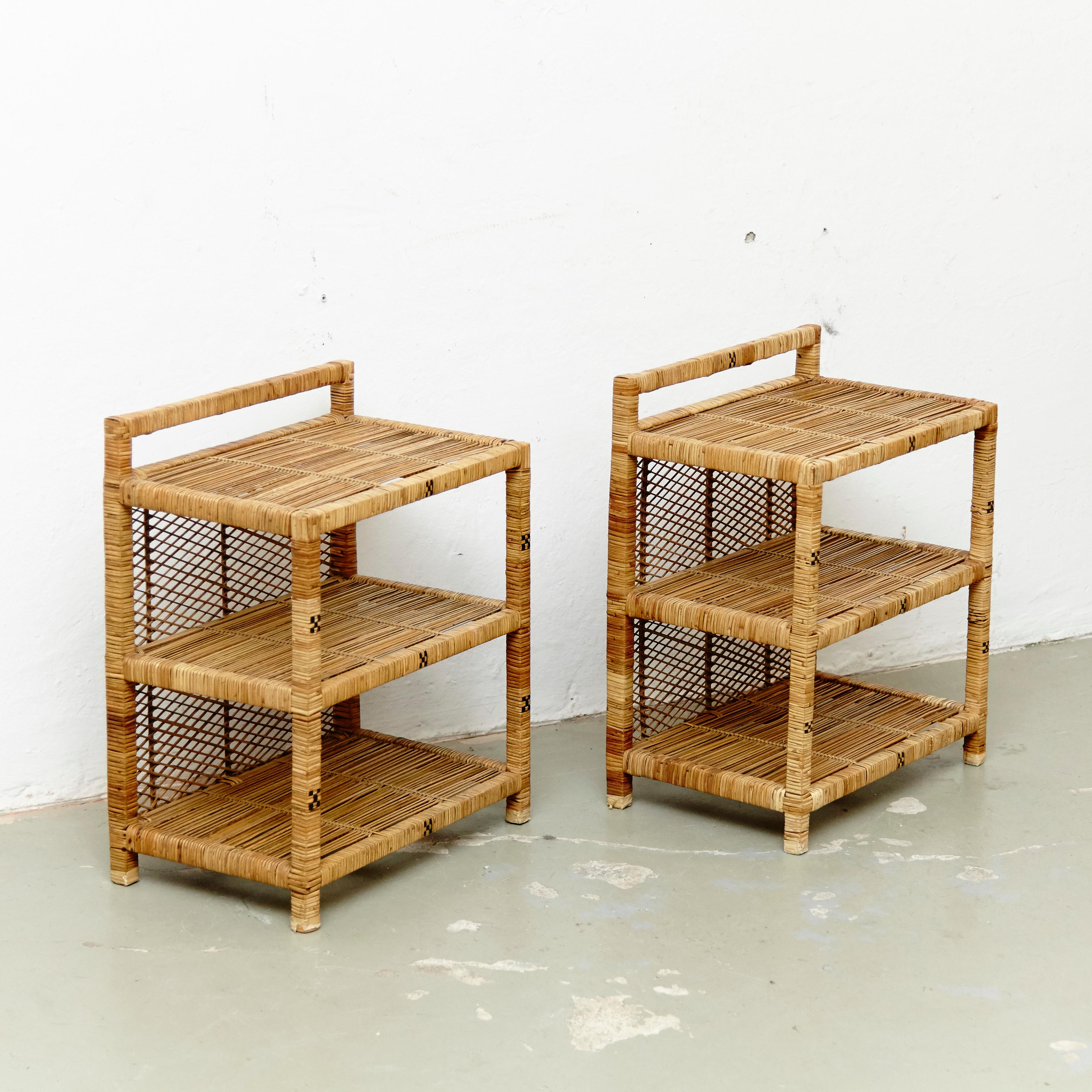 Set of 2 Mid-Century Modern Rattan Side Tables, circa 1960 In Good Condition In Barcelona, Barcelona