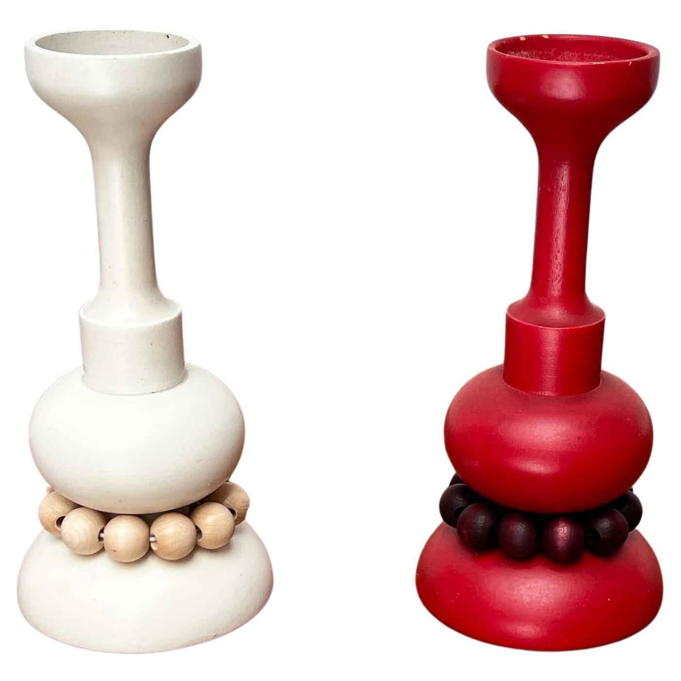 Set of 2 Mid-Century Modern Red and White Wooden Candle Holder Aarikka, Finland