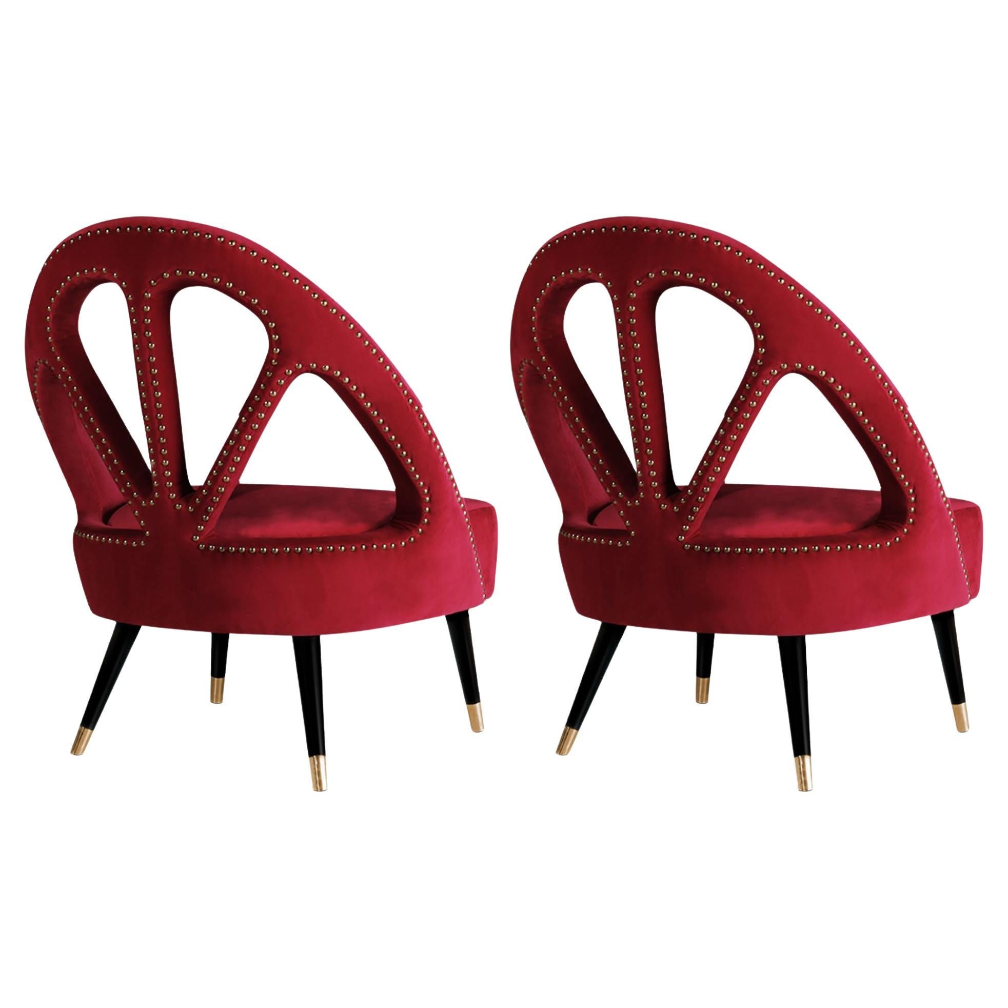 2er-Set Mid-Century Modern Scharlachroter Sessel Velvet Wood by Ottiu im Angebot