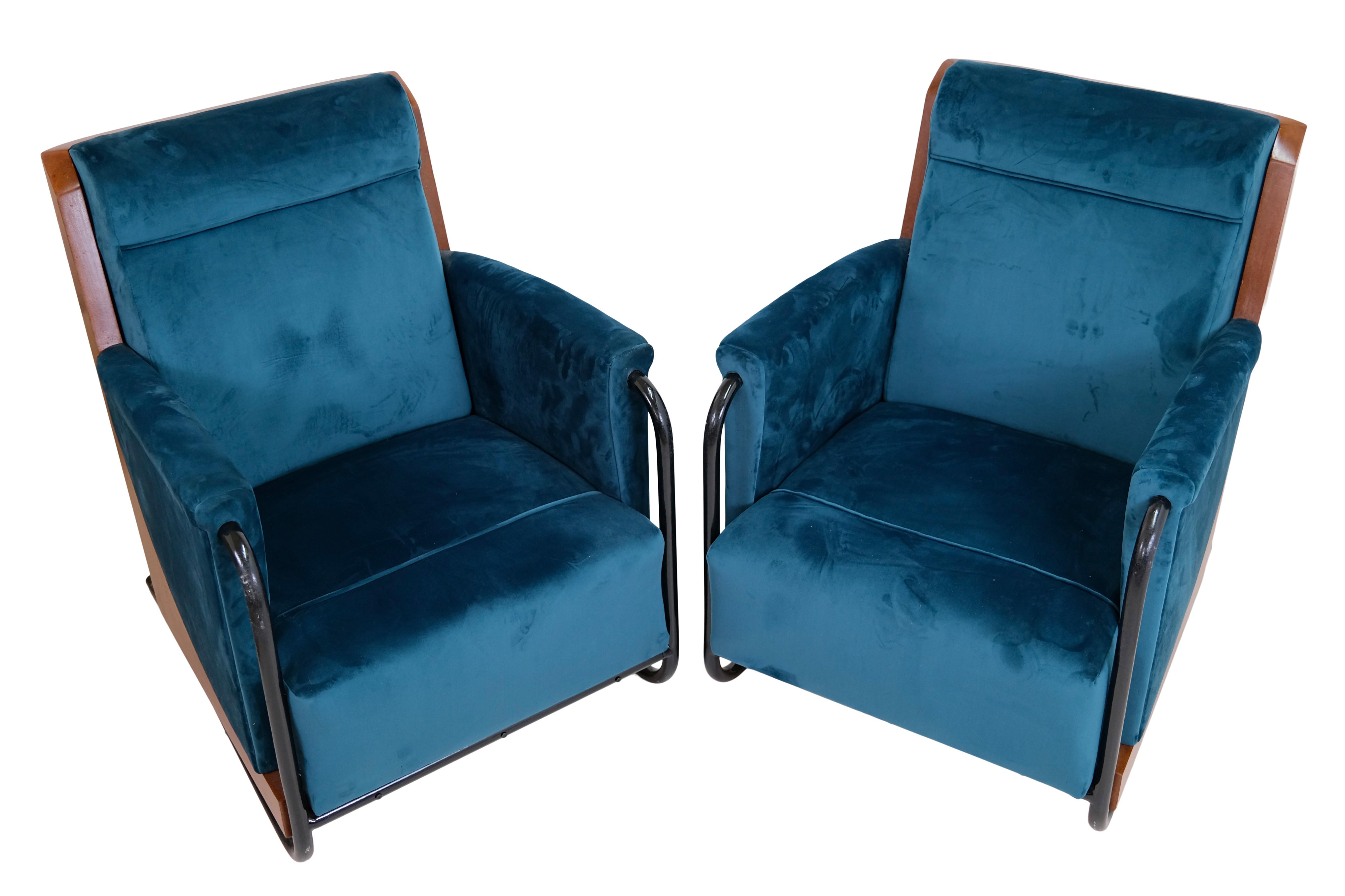 French Set of 2 Mid-Century Modern Steel Tube and Velvet Club Chairs  For Sale