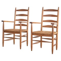 Set of 2 Midcentury Oak and Rush Armchairs, 1950s