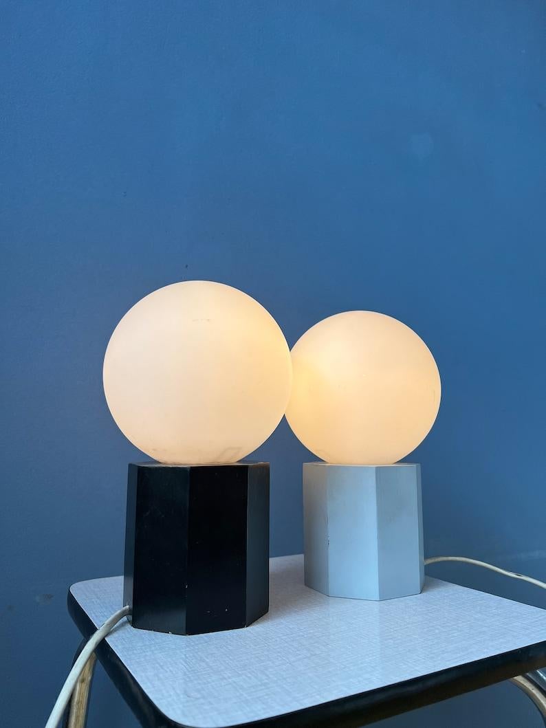20th Century Set of 2 Mid Century Opaline Glass Table Lamp or Bedside Lamp, 1970s For Sale