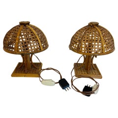 Set of 2 Mid-century Rattan and Bamboo Bedside Lamps, 1960s
