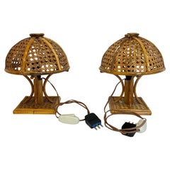 Set of 2 Mid-century Rattan and Bamboo Bedside Lamps, 1960s