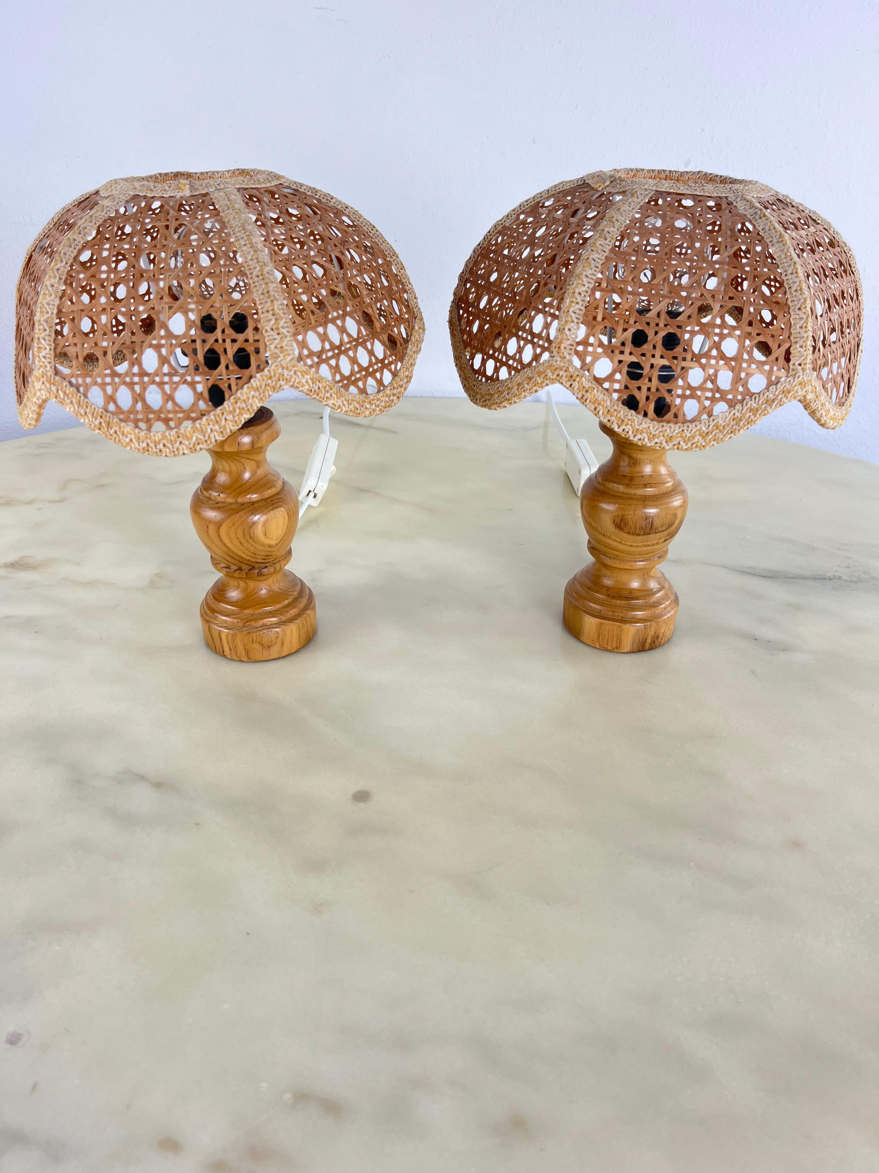 Pair of Mid-Century French Riviera Table Lamps in wicker and rattan 1960s For Sale 2