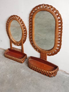 Set of 2 Mid Century Rattan Wall Mirrors with a shelf, Italy 1970s