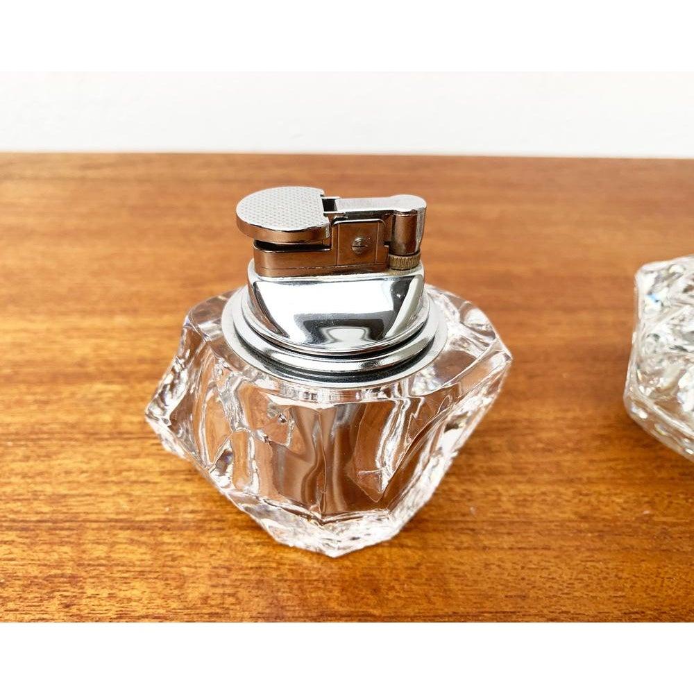 Set of 2 Mid-Century Scandinavian Heavy Ice Glass Table Lighter & Ashtray, 1960s In Excellent Condition For Sale In Hamburg, DE