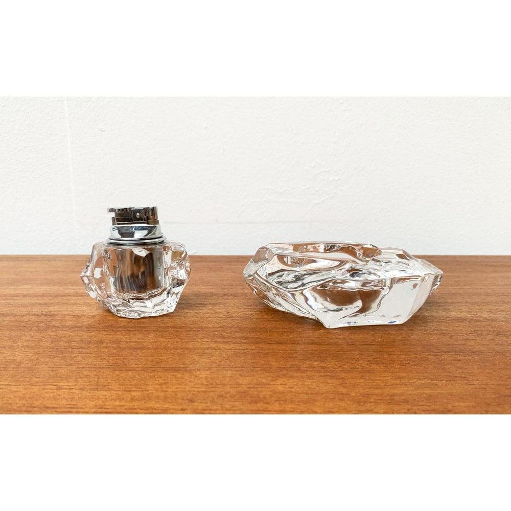 Set of 2 Mid-Century Scandinavian Heavy Ice Glass Table Lighter & Ashtray, 1960s For Sale 3