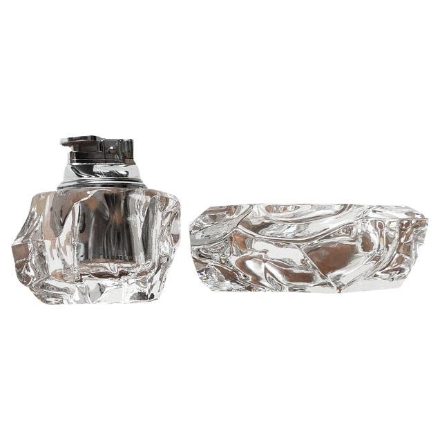 Set of 2 Mid-Century Scandinavian Heavy Ice Glass Table Lighter & Ashtray, 1960s