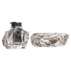 Set of 2 Mid-Century Scandinavian Heavy Ice Glass Table Lighter & Ashtray, 1960s