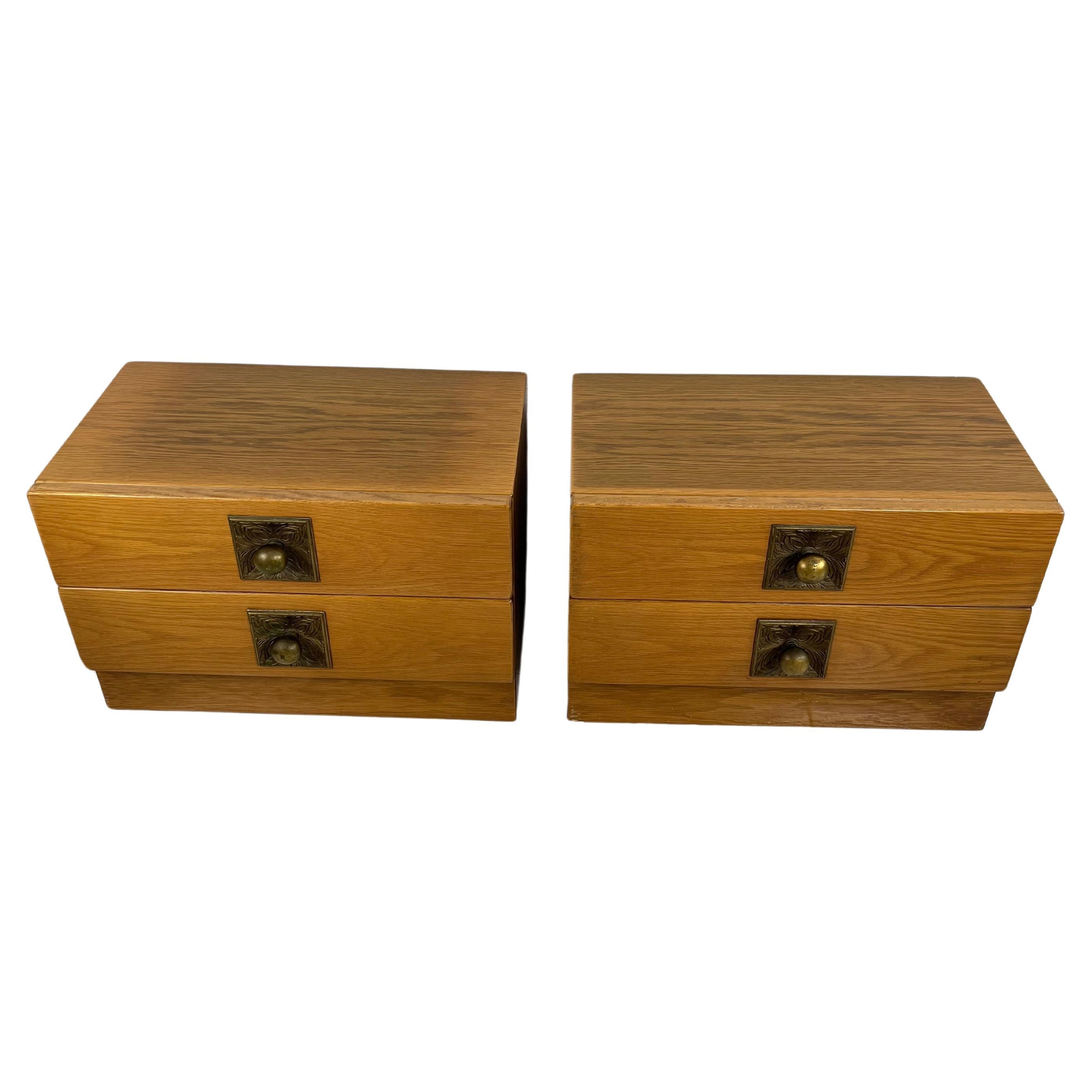 Set of 2 Mid-Century Scandinavian Minimalist Wood and Brass Nightstands with Drawers. Attributed to Johannes Andersen  1960s.
 Intact and in good condition, small signs of aging.