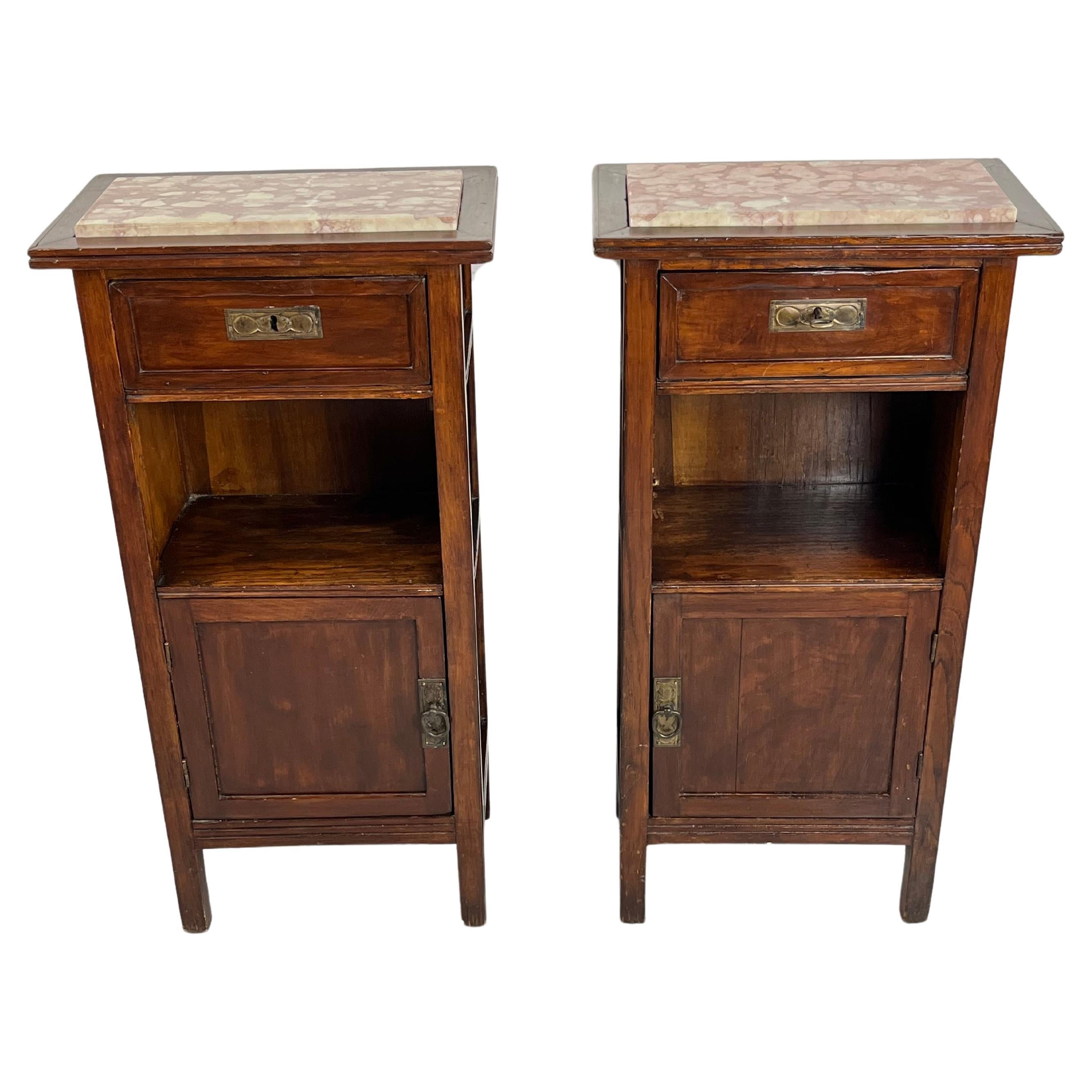 Set Of 2 Mid-Century Sicilian Wood And Marble Bedside Tables 1930s For Sale