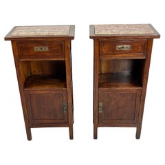 Vintage Set Of 2 Mid-Century Sicilian Wood And Marble Bedside Tables 1930s
