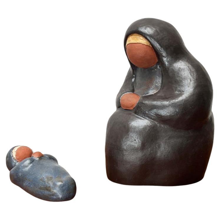 Set of 2 Mid-Century Studio Pottery Virgin Mary and Baby Jesus Sculptures, 1960s For Sale