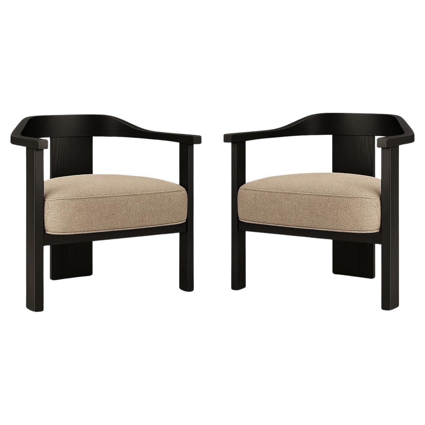 Set of 2 Mid-Century Style Armchairs with Black Oak Frame For Sale