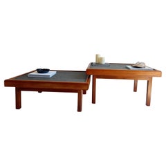 Set of 2 Mid Century Teak And Slate Coffee End Tables,  Maison Regain Style, 70s