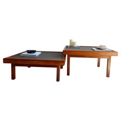 Set of 2 Mid Century Teak And Slate Coffee End Tables, Maison Regain Style, 70s