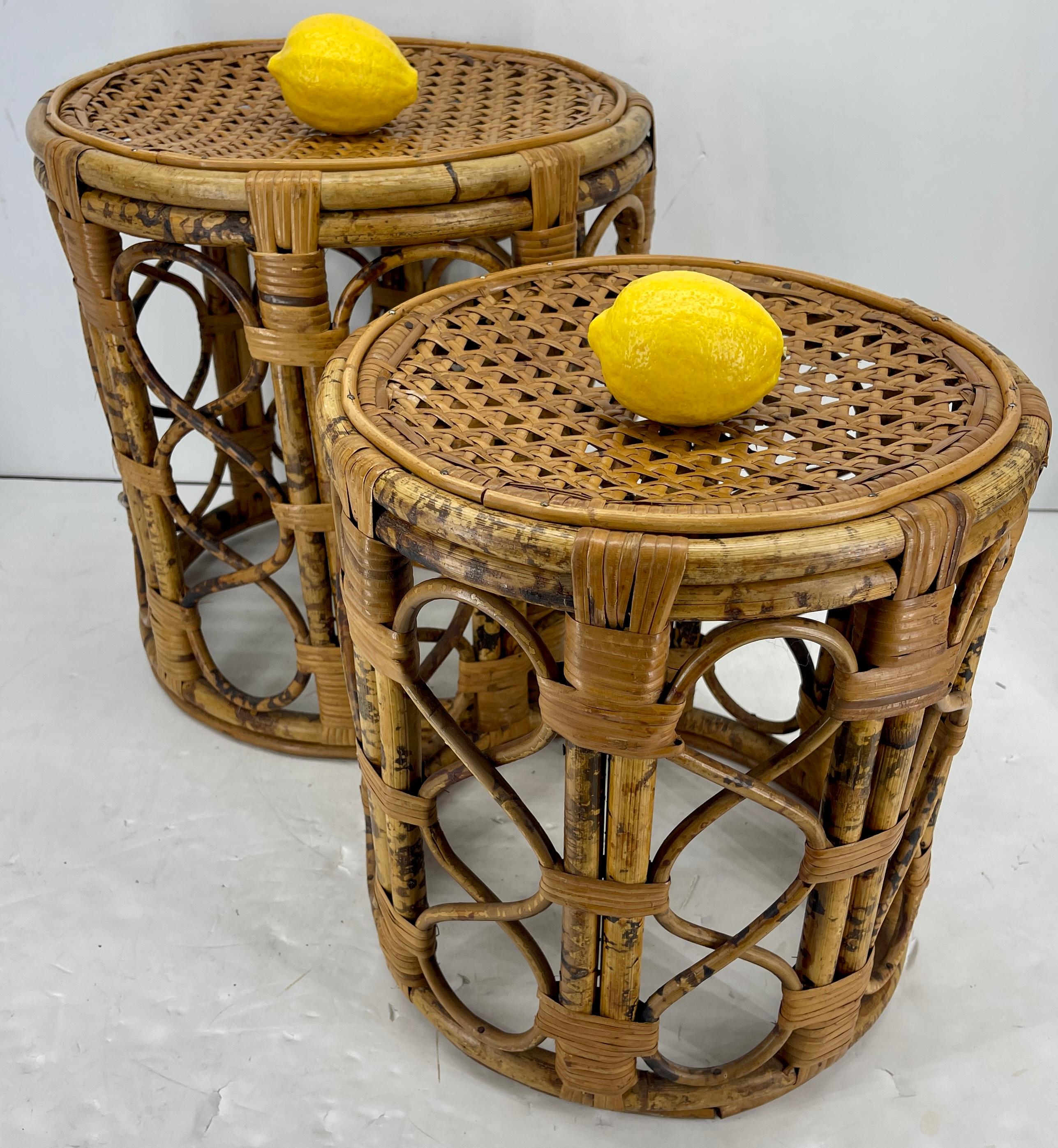 Set of 2 Mid-Century Tortoise Bamboo Rattan Nesting Tables 3