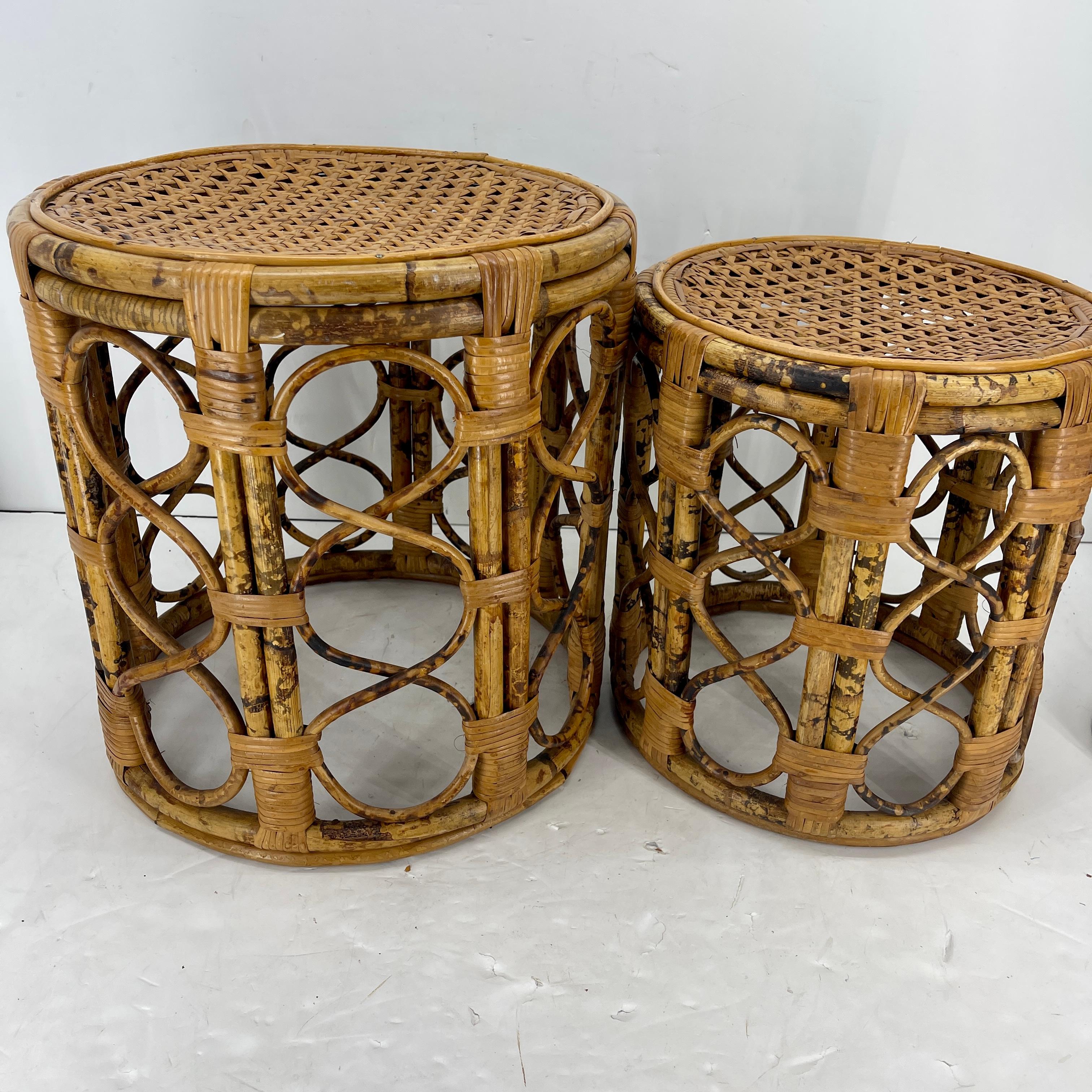 Set of 2 Mid-Century Tortoise Bamboo Rattan Nesting Tables 6