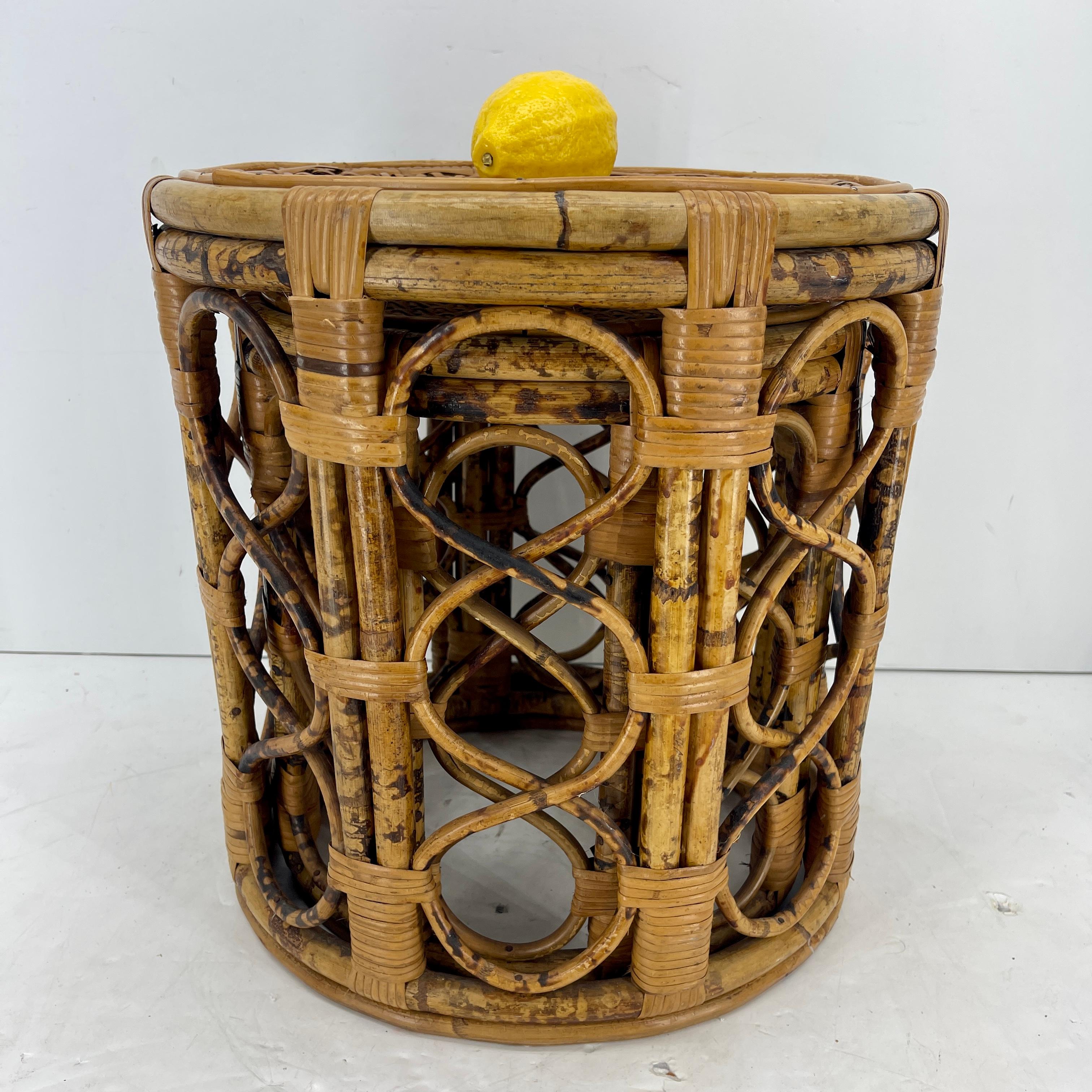 American Set of 2 Mid-Century Tortoise Bamboo Rattan Nesting Tables